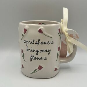 New Rae Dunn APRIL SHOWERS BRING MAY FLOWERS Tulips All-Over Coffee Tea Mug